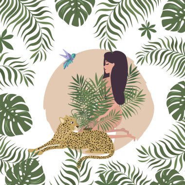 Tropik tropikal bitki, kadın ve leopar ile arka plan. Vahşi, kentsel ormanda kartı olması. Düzenlenebilir vektör çizim