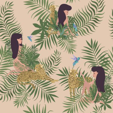 Tropik tropikal bitki, kadın ve leopar ile seamless modeli. Vahşi, kentsel ormanda kartı olması. Düzenlenebilir vektör çizim