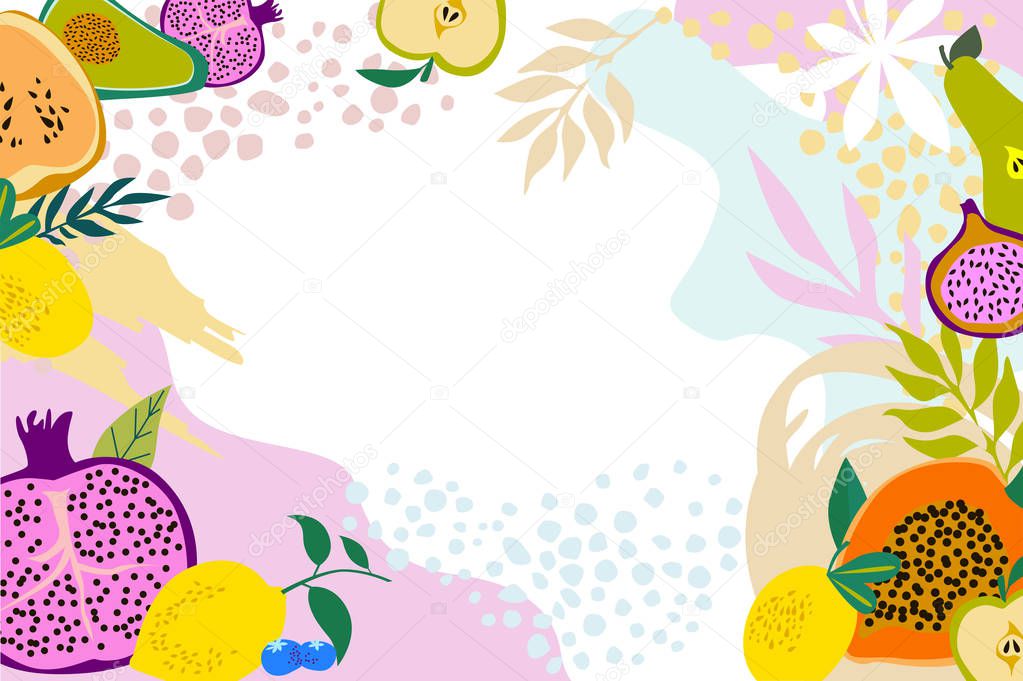 Abstract poster with tropical fruits,shapes and leaves. Editable vector illustration