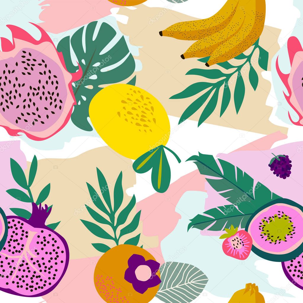 Seamless pattern with tropical fruits,shapes and leaves. Editable vector illustration