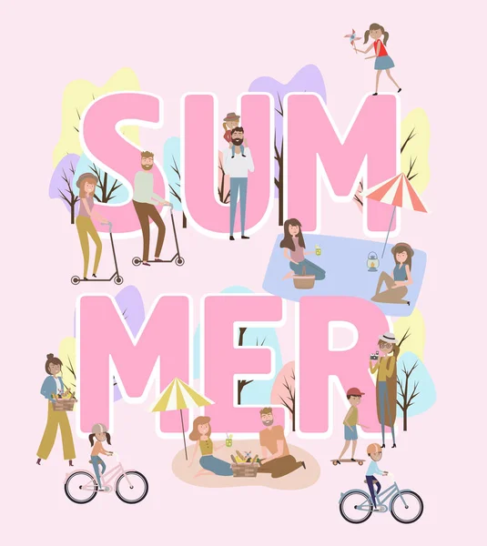 Ilustración con grandes letras de verano con vacaciones familiares activas con niños, parejas, familias, relajarse en la naturaleza, andar en bicicleta y monopatín — Vector de stock