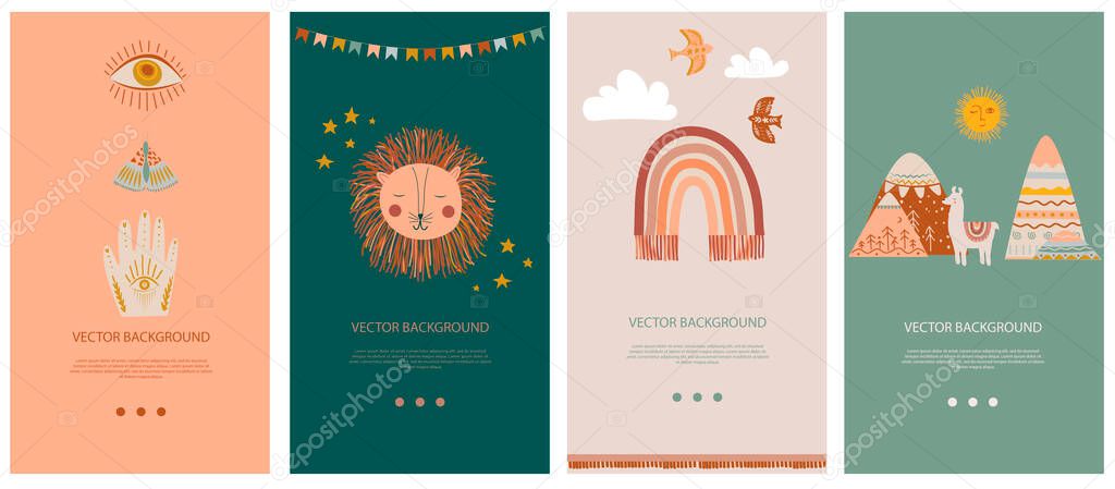 Set of vertical background template for social network and mobile app with cute boho elements for kids, decorative doodle and animals. Vector illustration.
