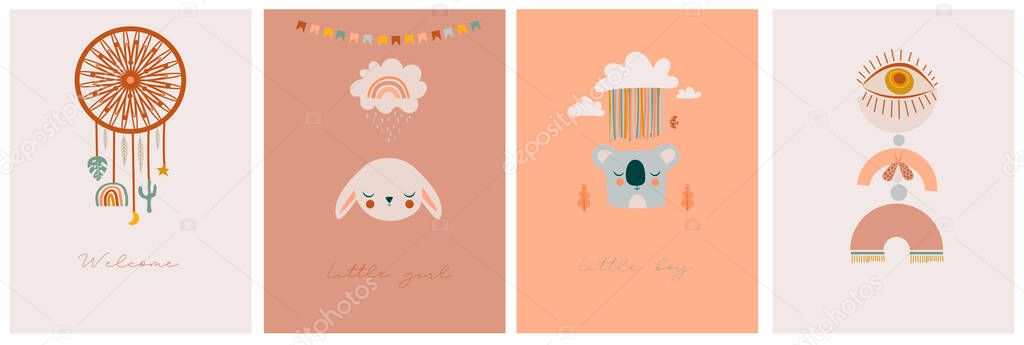 Set of Baby Shower cards with cute boho elements for kids, decorative doodle and animals. Editable Vector illustration.