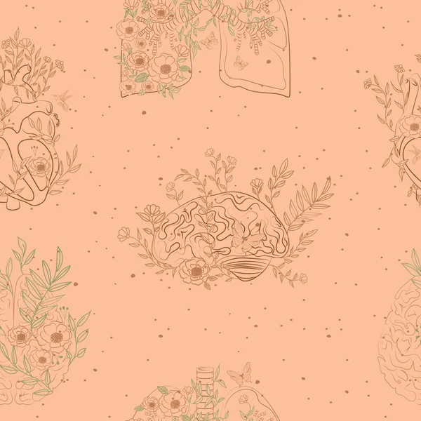 Vintage Naadloos Patroon Met Bloemen Menselijke Organen Hart Hersenen Longen — Stockvector