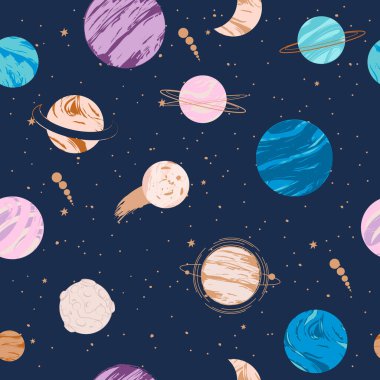 Astroloji ve uzay kavramında kusursuz desen. Bir çizgi biçiminde yapılmış minimalist nesneler. Düzenlenebilir vektör illüstrasyonu.