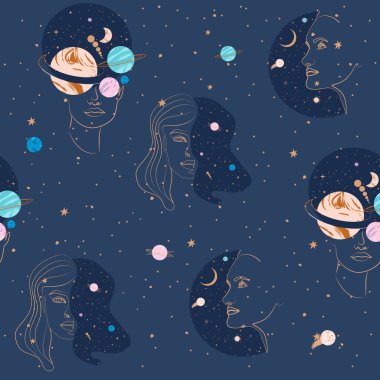 Astroloji ve uzay kavramında kusursuz desen. Gezegen ve kadın portresi. Bir çizgi biçiminde yapılmış minimalist nesneler. Düzenlenebilir vektör illüstrasyonu.