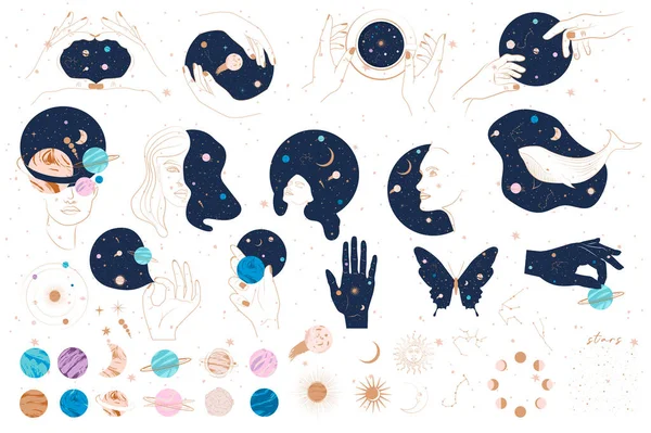 Sammlung Mystischer Und Astrologischer Objekte Frauengesicht Weltraumobjekte Planet Sternbild Menschenhände — Stockvektor