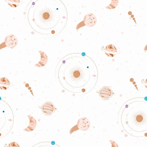 Seamless pattern with Astrology and Space concept. Minimalistic objects made in the style of one line. Editable vector illustration.