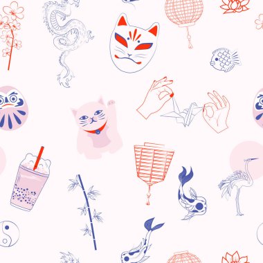 Seamless pattern with Japanese objects: koi fish, crane, sun, maneki neko, drama doll, origami, bamboo, bubble tea, dragon, sakura. Editable vector illustration vector Seamless pattern with Japanese objects: koi fish, crane, sun, maneki neko, drama doll, origami, bamboo, bubble tea, dragon, sakura. Editable vector illustration vector