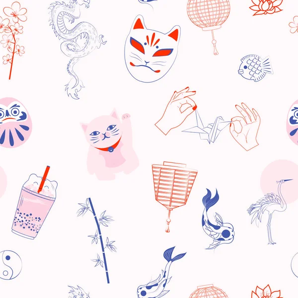 招き猫 折り紙 桜などの和物とのシームレスなパターン 編集可能なベクトル図 — ストックベクタ