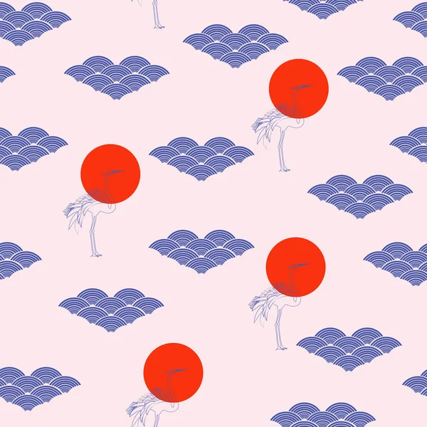 日本のモノとのシームレスなパターン 幾何学雲 クレーンと赤い太陽 編集可能なベクトルイラスト — ストックベクタ