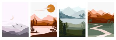 Soyut sonbahar manzarası seti. Orman hayvanları, dağ sıraları, göl, nehir silueti olan kozalaklı ağaçlardan oluşan tepeler. Düzenlenebilir vektör illüstrasyonu. 
