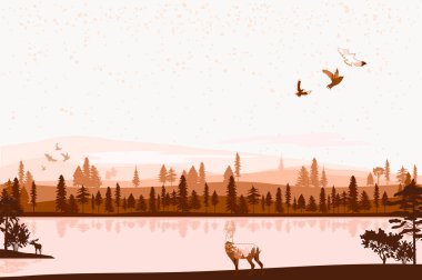 Soyut Sonbahar manzarası. Orman hayvanları, sisli dağları olan kozalaklı odun tepeleri, göl, nehir silueti şablonu. Düzenlenebilir vektör illüstrasyonu.