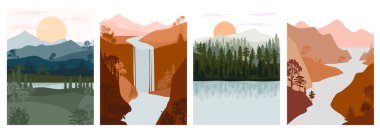 Soyut sonbahar manzarası seti. Orman hayvanları, dağ sıraları, göl, nehir silueti olan kozalaklı ağaçlardan oluşan tepeler. Düzenlenebilir vektör illüstrasyonu. 