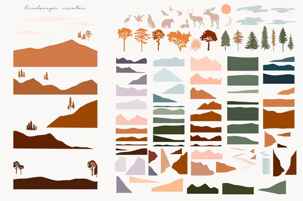 Peyzaj tasarımcısı için soyut şekiller. Soyut dağlar, tepeler, ağaç, hayvan, bulutlar, güneş, ay ve yollar. Düzenlenebilir vektör illüstrasyonu