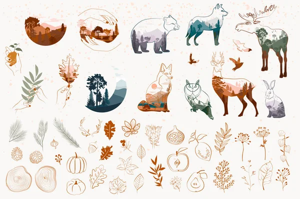 Bir satır biçimi minimalist sonbahar nesneleri. Soyut orman hayvanları, ağaç, bitkiler, yaprak. Düzenlenebilir vektör illüstrasyonu.