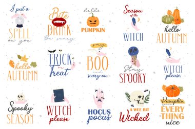 Cadılar Bayramı baskıları, Cadılar Bayramı alıntıları ve sevimli mistik unsurların tipografisi. Düzenlenebilir vektör illüstrasyonu.