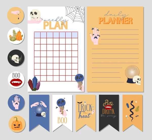 Ensemble Planificateurs Hebdomadaires Liste Souhaits Autocollants Étiquettes Avec Illustration Halloween — Image vectorielle