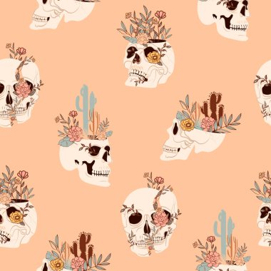 Mistik, vahşi batı ve Meksika unsurlarıyla kusursuz bir düzen. Kafatası, kaktüs, bitkiler. Düzenlenebilir vektör illüstrasyonu.