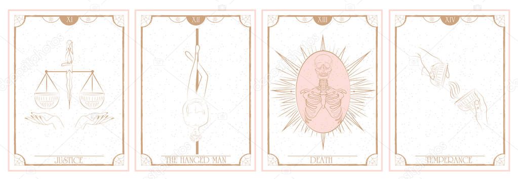 Set of Tarot card, Major Arcana. Occult and alchemy symbolism. Justice, The Hanged Man, The Death, Temperance. Editable vector illustration.