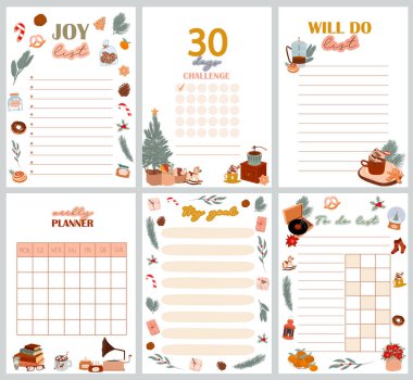 Noel Planlayıcısı, Organizatör ve Neşe Listesi, 30 Gün Meydan Okuma, Güzel İskandinav resimleriyle yapılacaklar listem, hedef listem. Düzenlenebilir vektör illüstrasyonu.