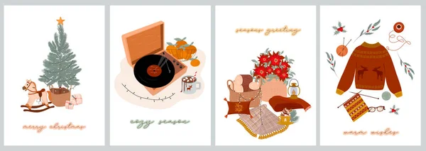 Joyeux Noël Bonne Année Cartes Mignonnes Ensemble Avec Des Éléments — Image vectorielle