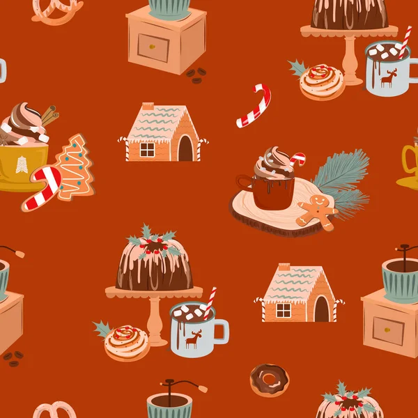 Padrão Sem Costura Com Biscoitos Gengibre Feliz Natal Doces Bebida — Vetor de Stock