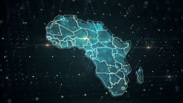 危険アイコンの看板が全国に点滅しながら アフリカの地図が異なる色で輝いている未来的なハイテクビデオ このビデオは 地球のセキュリティと問題の実際の問題に専念しています — ストック動画