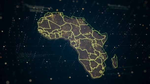 危険アイコンの看板が全国に点滅しながら アフリカの地図が異なる色で輝いている未来的なハイテクビデオ このビデオは 地球のセキュリティと問題の実際の問題に専念しています — ストック動画