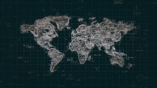 Abstracte Wereld Kaart Met Lused Willekeurige Wiskundige Fysieke Formules — Stockvideo