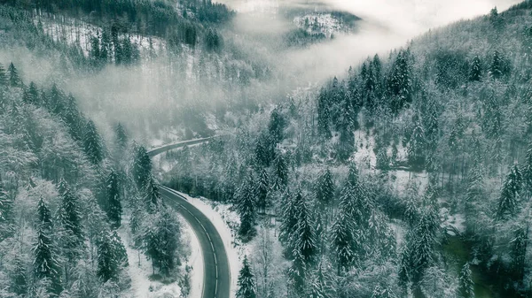 Aerial view of snow mountain landscape with trees and road — Stock Photo, Image