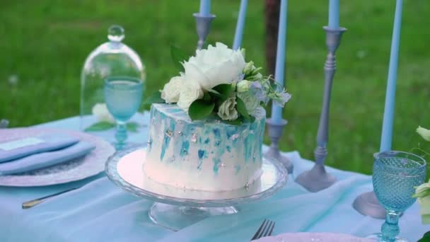 Tort weselny przy stole zdobione na świeżym powietrzu w parku — Wideo stockowe