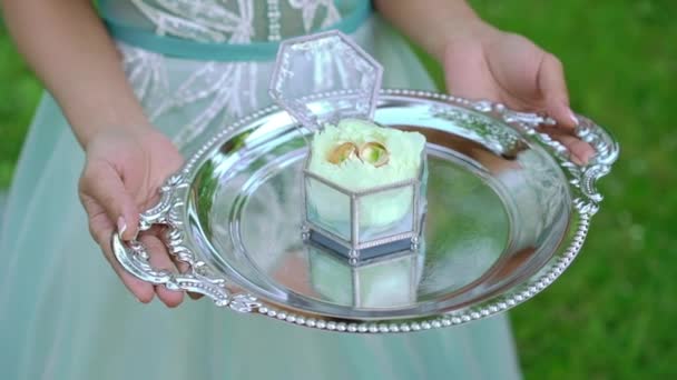 Placă de mireasă cu inele de nuntă — Videoclip de stoc