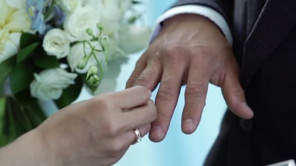 Bruden och brudgummen pålagt med vigselringar — Stockvideo