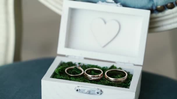 Three wedding rings in a white box — Stock Video