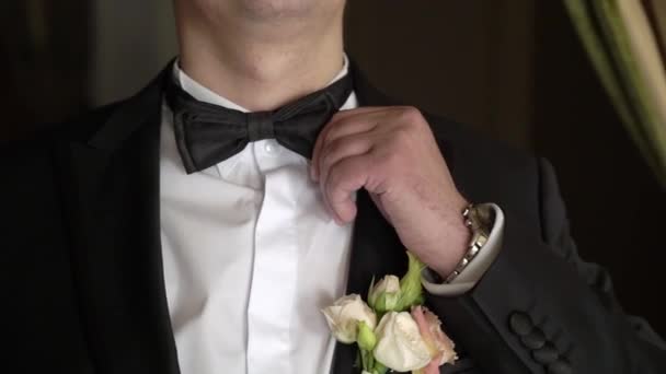 Groom put on black bowtie — Stock Video