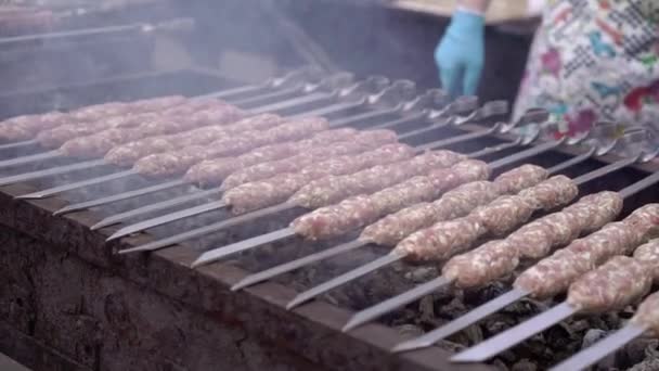 바베 큐 그릴에 고기 요리 — 비디오