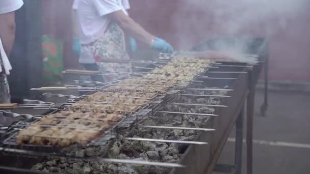 바베 큐 그릴에 고기 요리 — 비디오