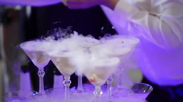 Pyramid of champagne at the party — Stock Video