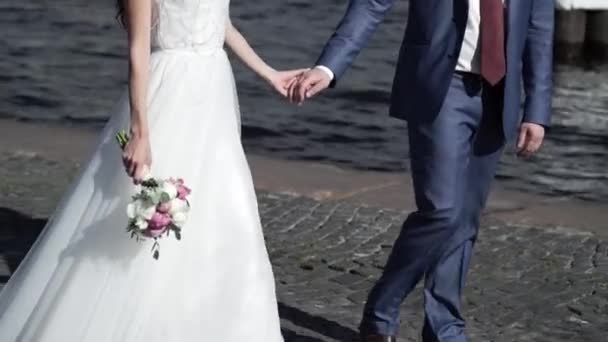 Bruid en bruidegom lopen op de dijk — Stockvideo