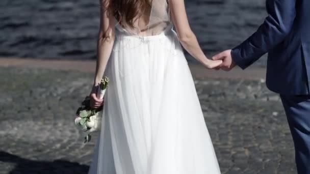 Bride and groom walking on embankment — Stock Video