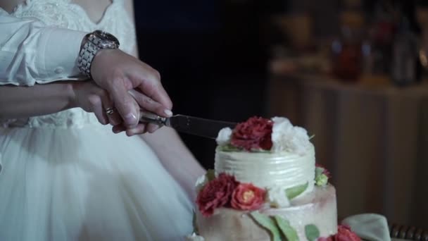 花嫁と新郎のカッティングウェディングケーキ — ストック動画