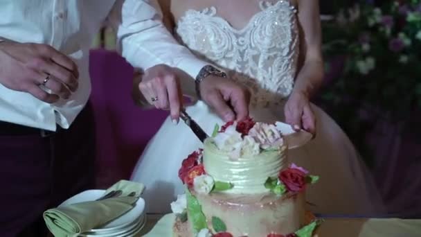Наречений і наречений ріже весільний торт — стокове відео