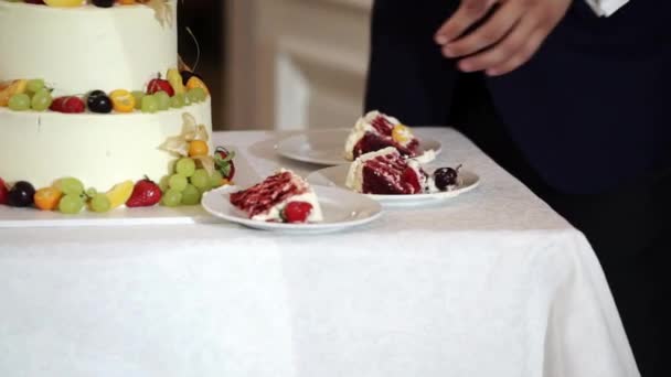 Trozos de pastel de celebración blanca con frutas en el evento de la fiesta — Vídeos de Stock