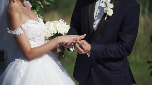 Wedding couple put on wedding rings at ceremony outdoors at summer — Stock Video