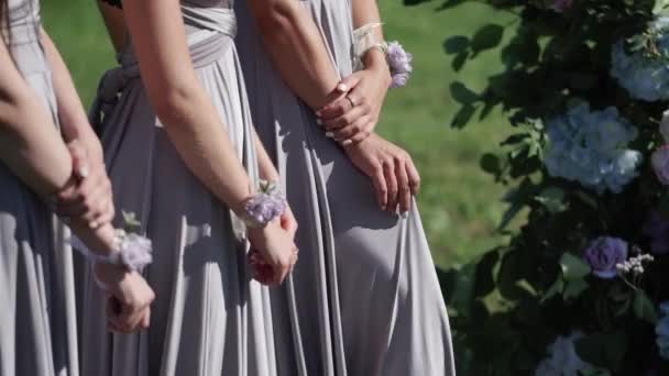 Bridemaids 穿着蓝色灰色礼服留在户外婚礼仪式上 — 图库视频影像