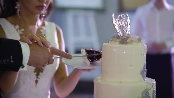 Наречена і грім різання шматочків білого торту на вечірці — стокове відео