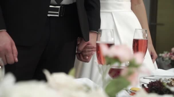 Nevěsta a ženich zůstat a drželi se za ruce na svatební hostiny — Stock video