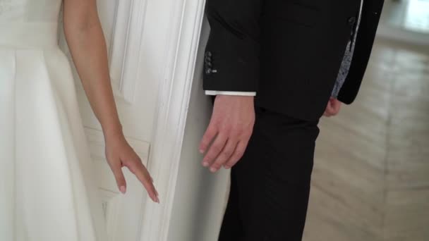Bride and groom wedding lovely couple takes hands — Stock Video