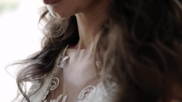 Young Beautiful Brunette Bride Staying Indoors Window — Videoclip de stoc